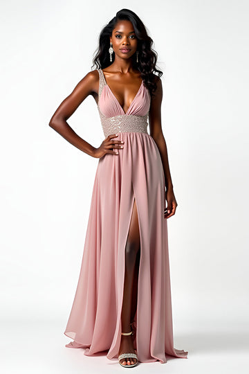 Robe longue formelle froncée à col en V fard à joues avec fente